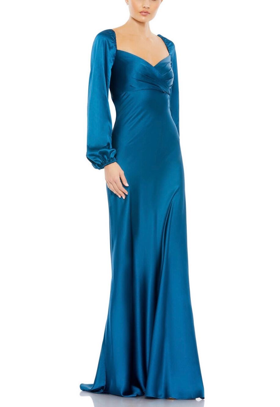Mac Duggal 495191 Ocean Blue Evening Gown Satin Long Sleeve A-Line Dress Size 12
